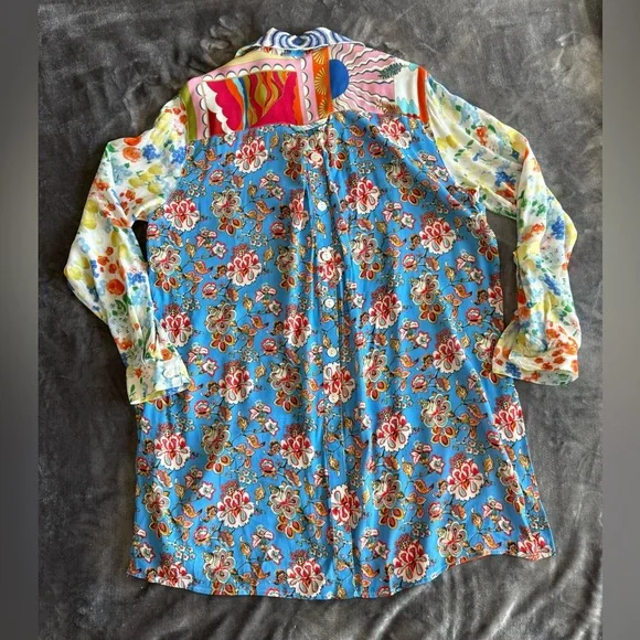 JOHN MARK Patchwork Floral Print Roll Tab Sleeves Tunic Shirt Size M Boho RARE - Picture 14 of 16